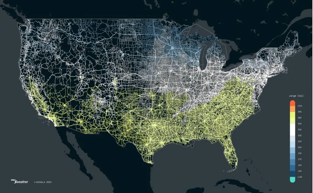 EV range based on climate in U.S. states (via Vaisala) EV range based on climate in U.S. states (via Vaisala)