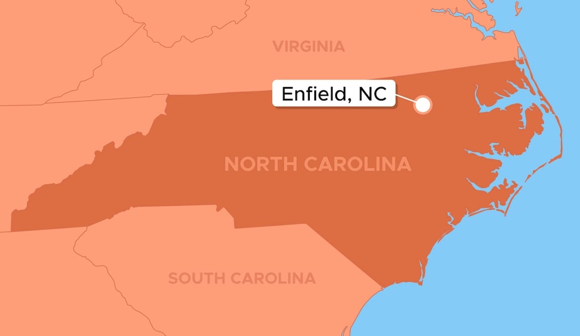 A map showing North Carolina, with a marker labeled "Enfield, NC," in the upper righthand corner of the state.