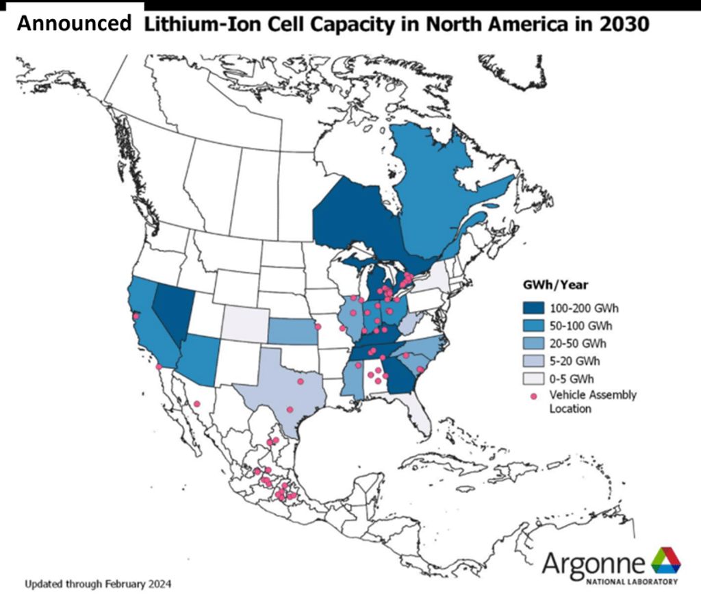 Announced Lithium-Ion Cell Capacity in North America in 2030
